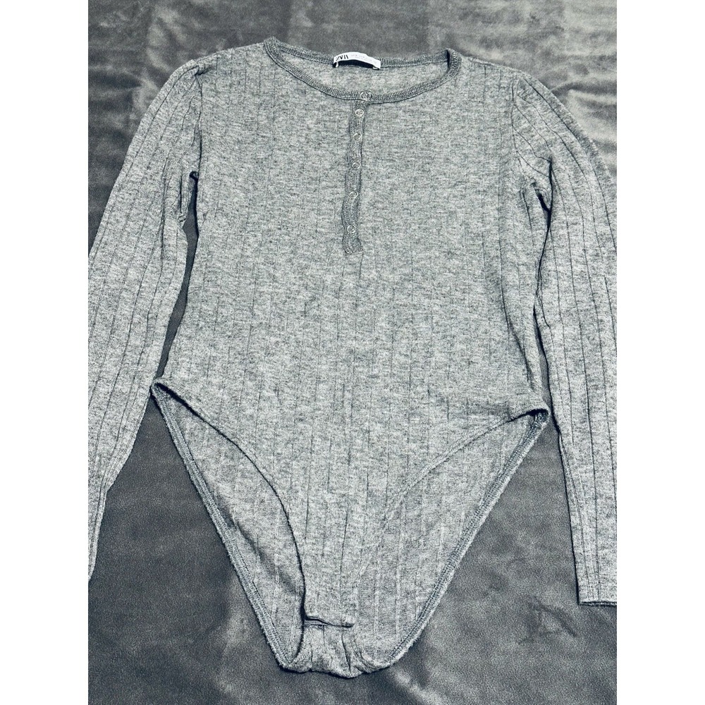 ZARA Ribbed Long Sleeve Henley Bodysuit Gray Women's Size M